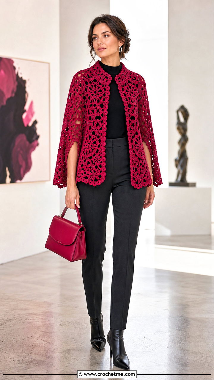 Crochet Lace Cape Jacket With Slim Trousers - 35 crochet lace jacket outfit ideas