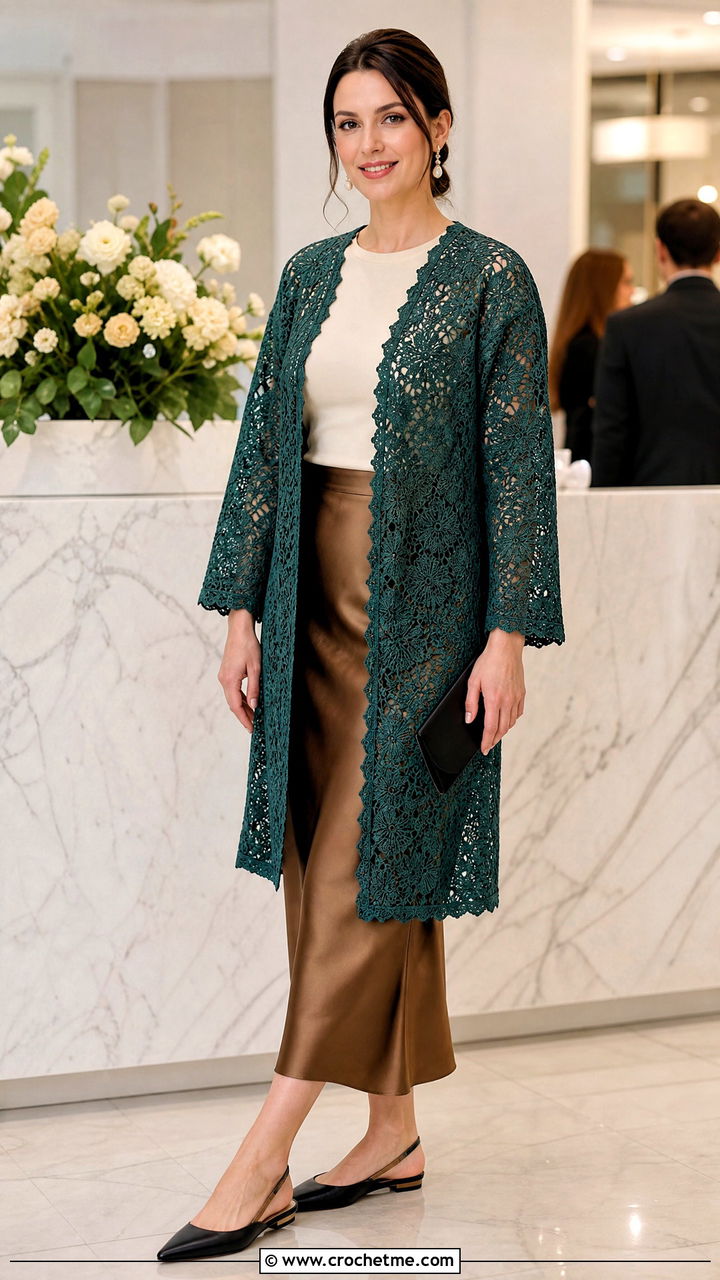 Crochet Lace Coat With Satin Midi Skirt - 35 crochet coats outfit ideas