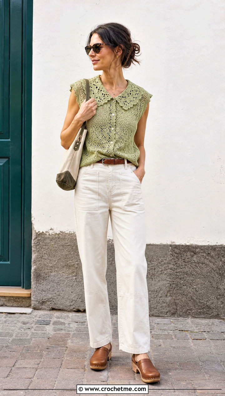 Crochet Lace Collar Top With Utility Pants - 20 Crochet Top With Collar outfit ideas