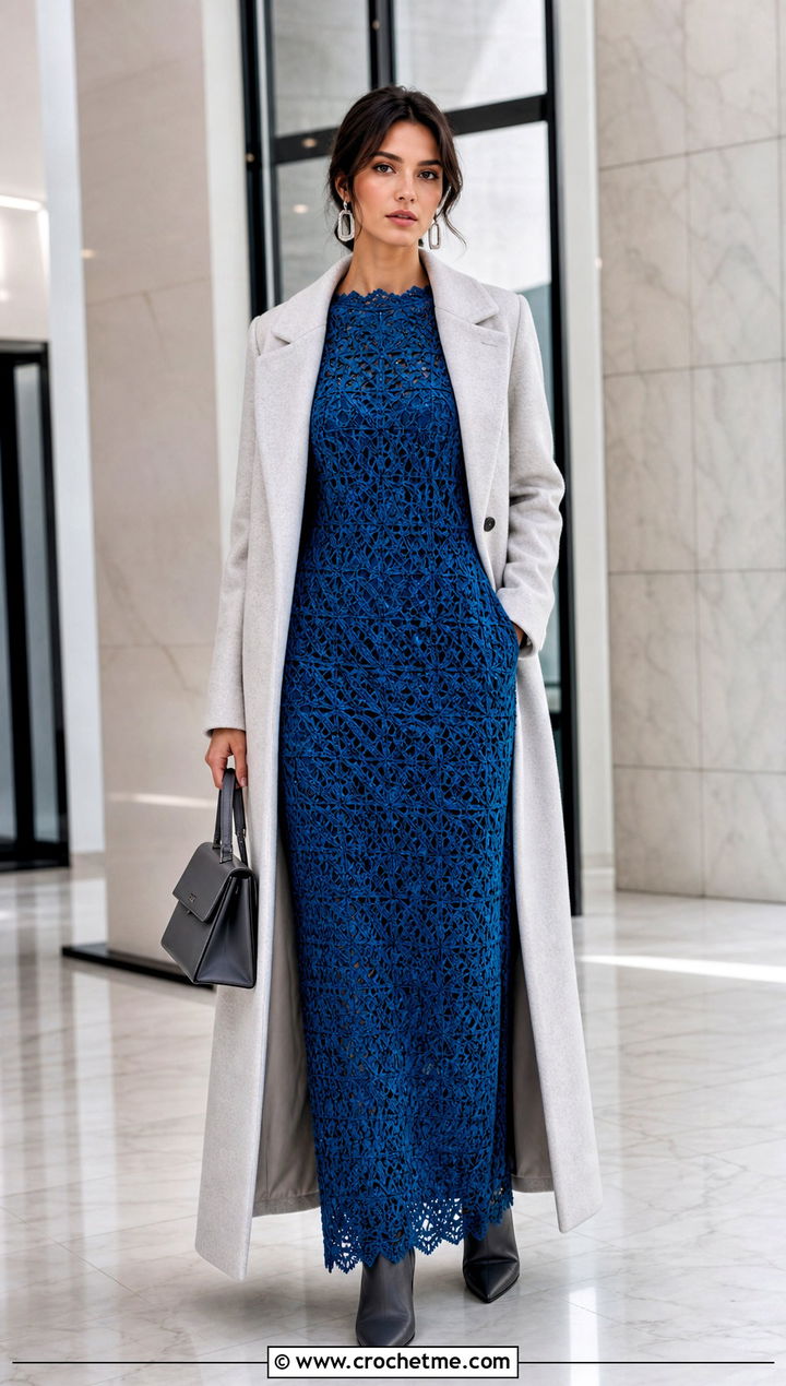 Crochet Lace Column Dress With Long Coat - 35 Crochet Lace Dress outfit ideas