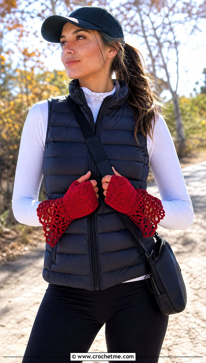 Crochet Lace Cuff Gloves With Puffer Vest And Leggings - 30 crochet lace gloves outfit ideas