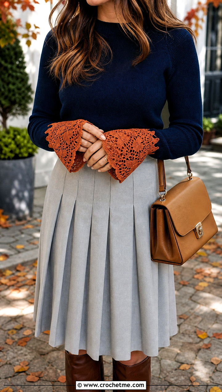 Crochet Lace Cuffs With Sweater And Midi Skirt - 25 Small Crochet Projects Clothes and outfit ideas