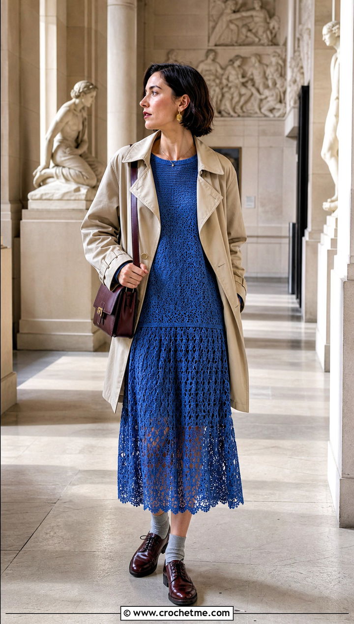 Crochet Lace Drop Waist Dress With Oxford Shoes - 35 Crochet Lace Dress outfit ideas