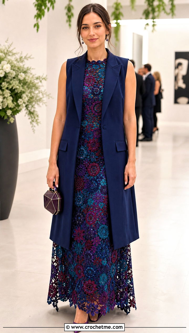 Crochet Lace Gown With Tailored Vest - 15 Spell Crochet Dress outfit ideas