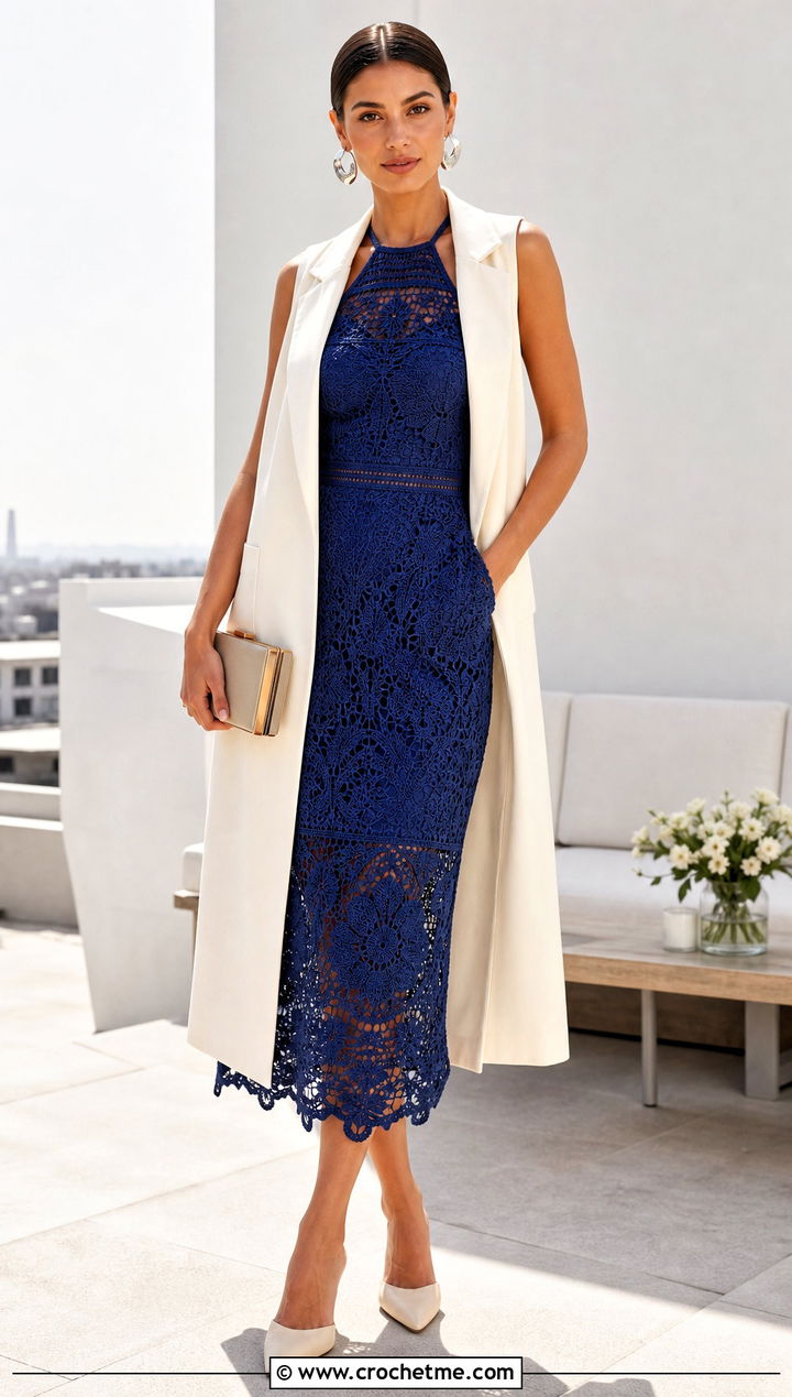 Crochet Lace Halter Dress With Tailored Vest And Mules - 15 crochet lace dress design outfit ideas
