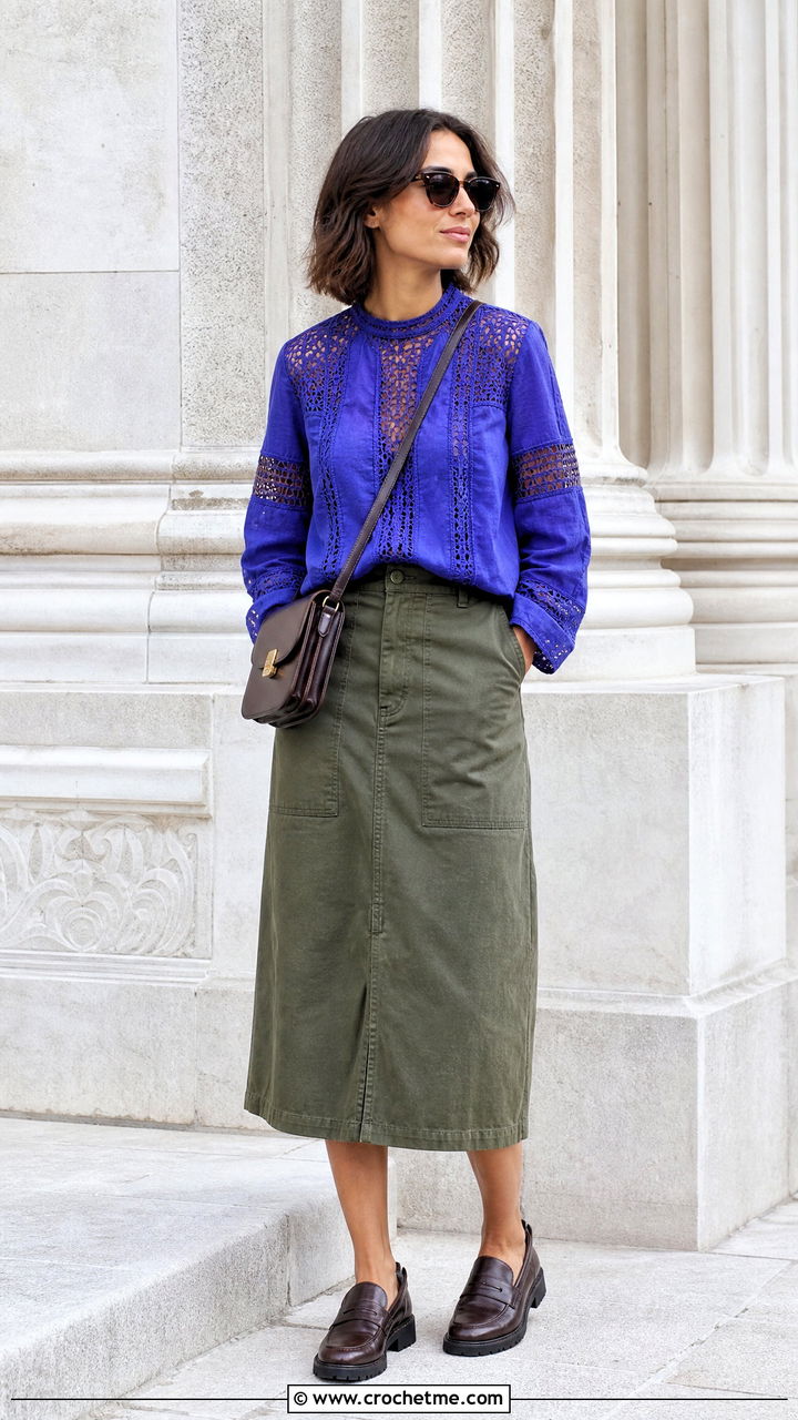 Crochet Lace Insertion Blouse With Utility Skirt - 35 crochet lace blouse outfit ideas