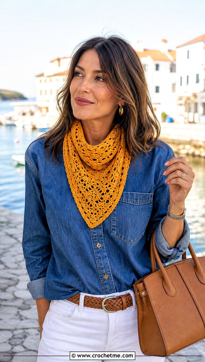 Crochet Lace Kerchief With Denim Shirt And White Pants - 30 easy crochet lace scarf outfit ideas