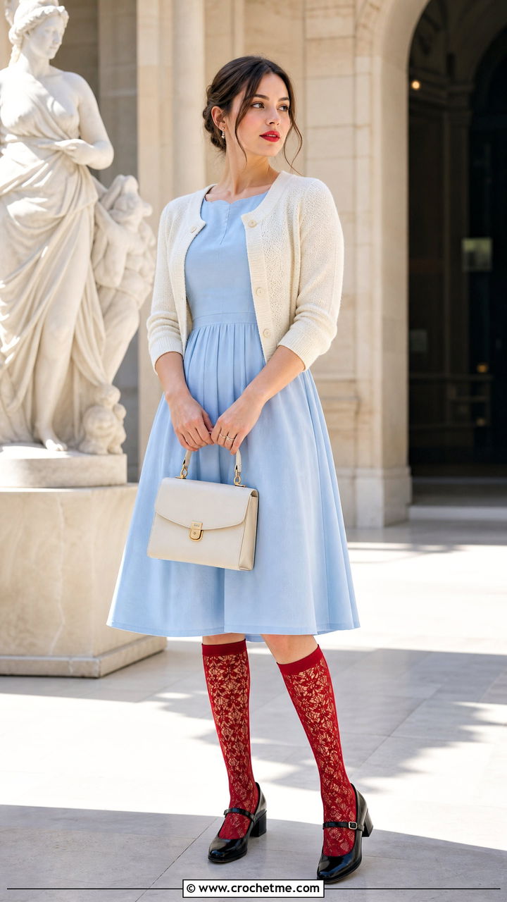 Crochet Lace Knee Socks With Tea Dress And Mary Janes - 35 crochet socks outfit ideas