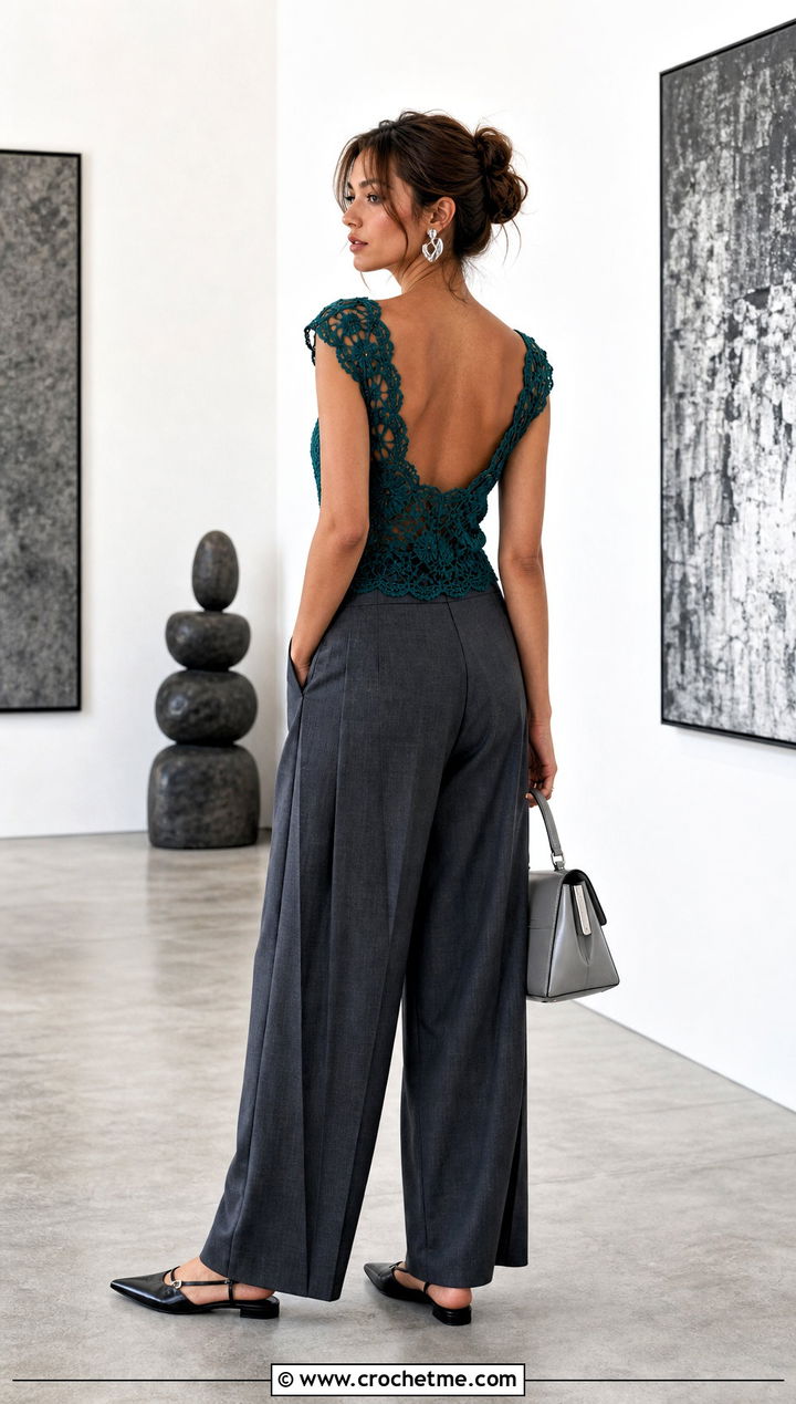 Crochet Lace Low Back Top With Tailored Trousers - 25 Crochet Low Back Top outfit ideas