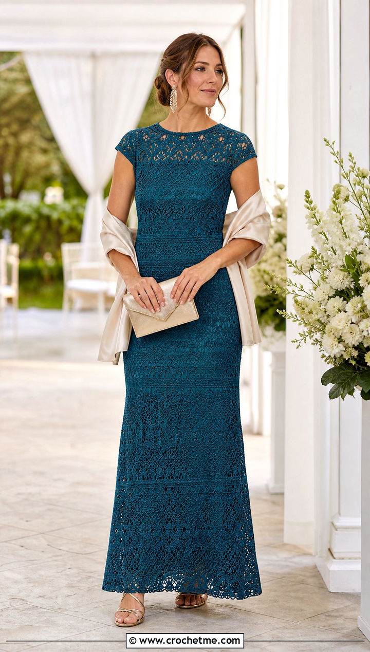 Crochet Lace Maxi Dress With Metallic Sandals - 35 Formal Crochet Dress outfit ideas