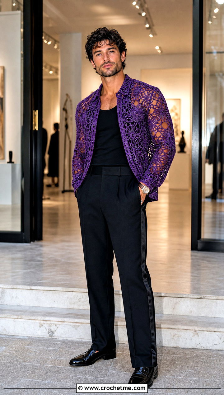 Crochet Lace Mesh Shirt With Tuxedo Trousers - 25 Men Crochet Mesh Shirt outfit ideas