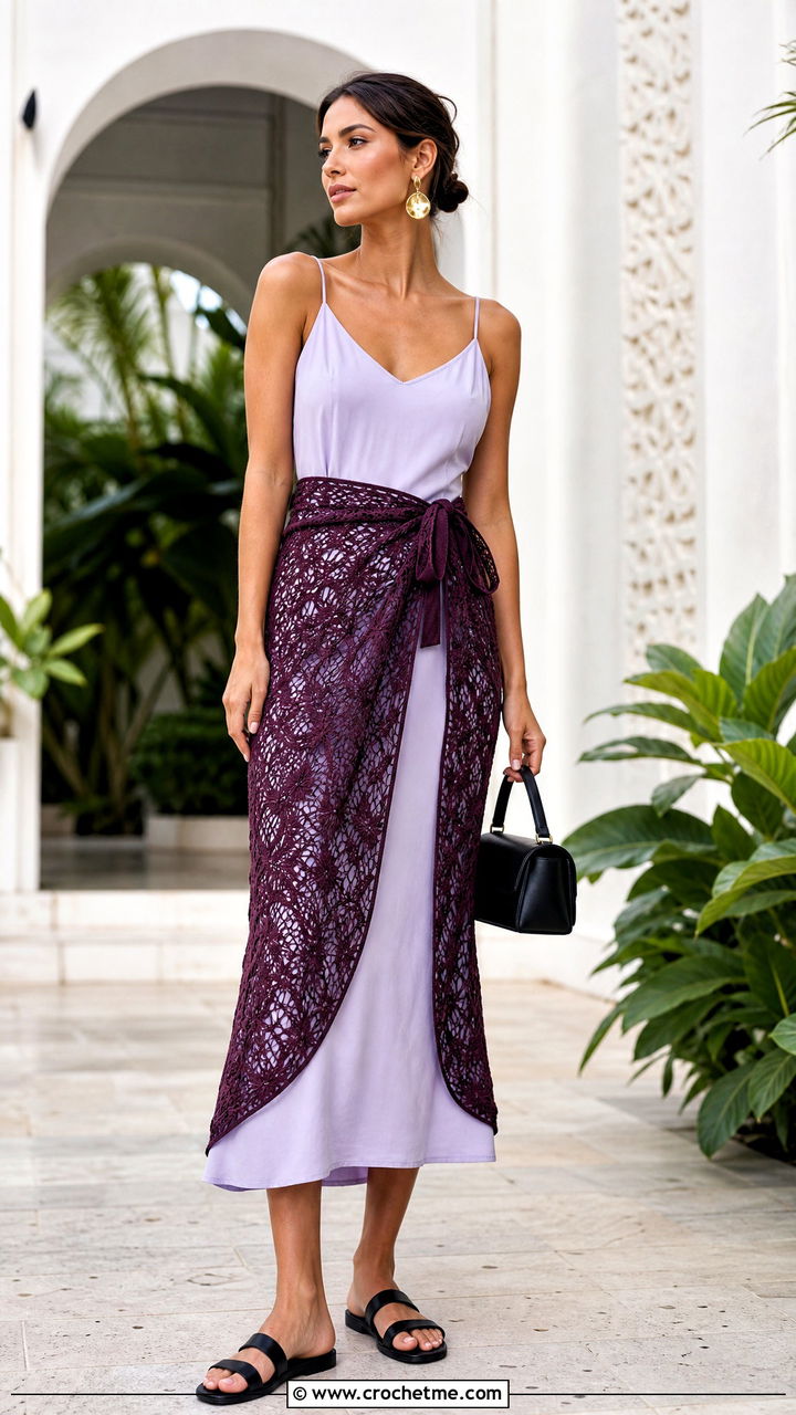 Crochet Lace Overskirt With Slip Dress And Flat Sandals - 35 crochet cover up skirts outfit ideas