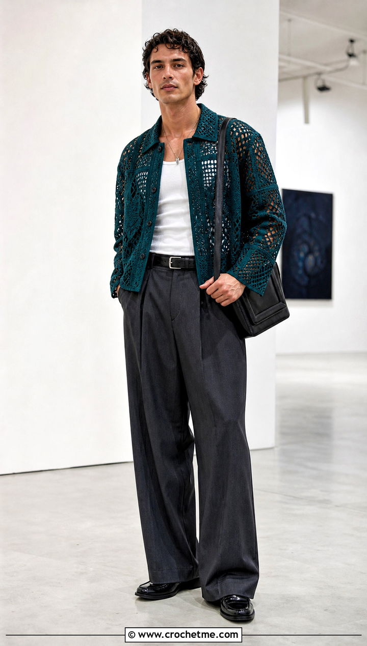 Crochet Lace Patchwork Jacket With Wide Leg Trousers - 15 Crochet Mens Jacket outfit ideas