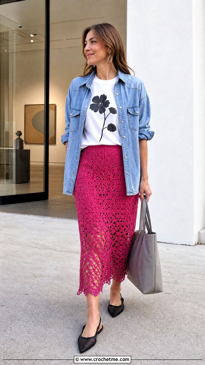Crochet Lace Pencil Skirt With Graphic T Shirt - 35 crochet lace skirt outfit ideas