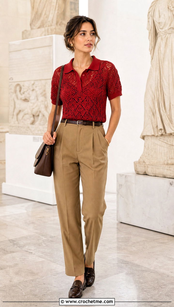Crochet Lace Polo Top With Pleated Trousers - 30 crochet and fabric top outfit ideas