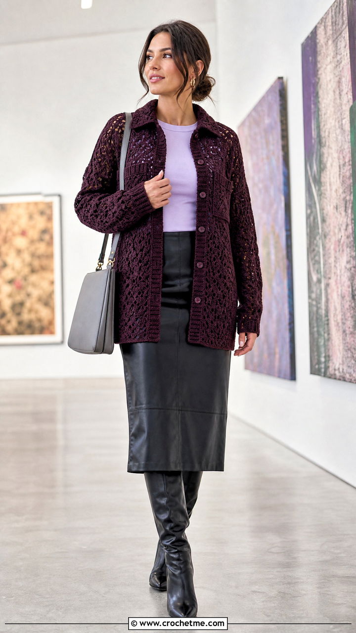 Crochet Lace Shacket With Faux Leather Skirt - 35 crochet lace jacket outfit ideas