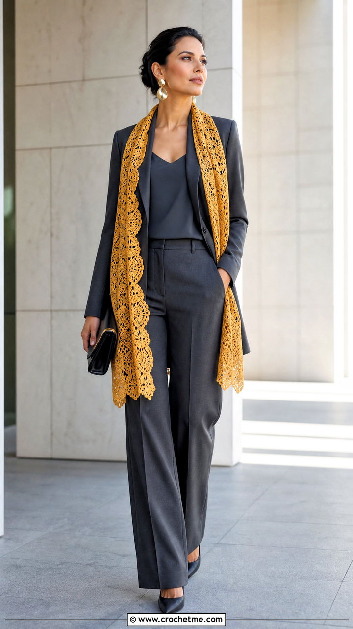 Crochet Lace Stole Scarf With Pantsuit And Heels - 35 crochet lace scarf outfit ideas