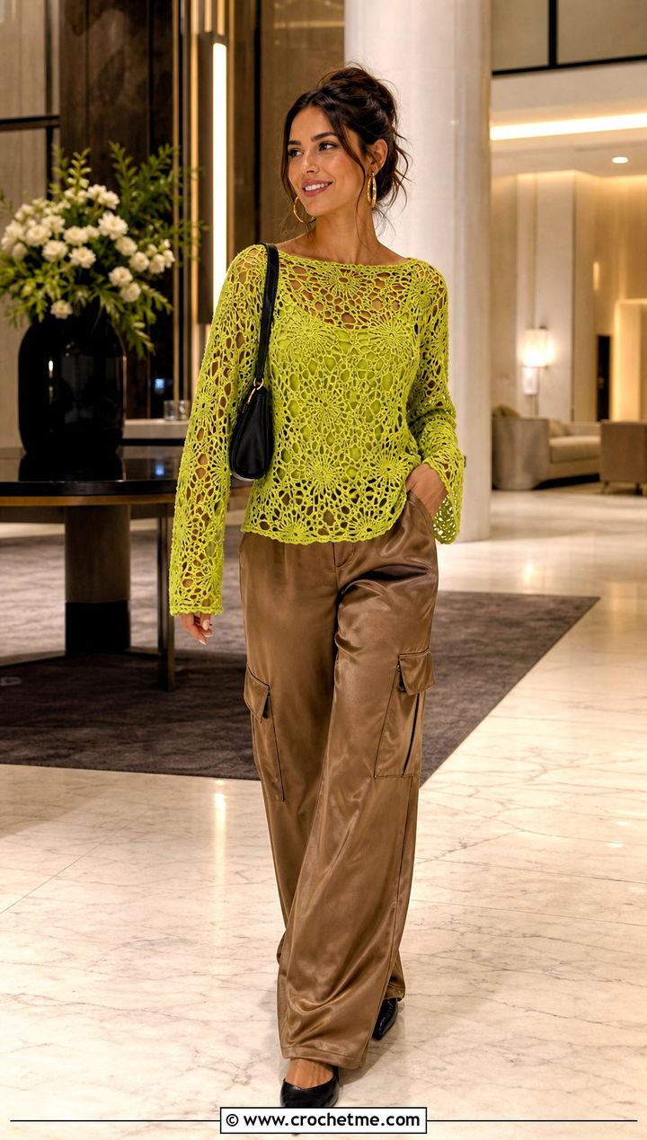 Crochet Lace Sweater Top With Satin Cargo Pants - 35 lacy crochet top outfit ideas