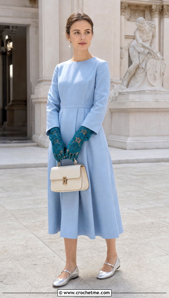 Crochet Lace Trim Star Gloves With Midi Dress - 35 crochet star gloves outfit ideas