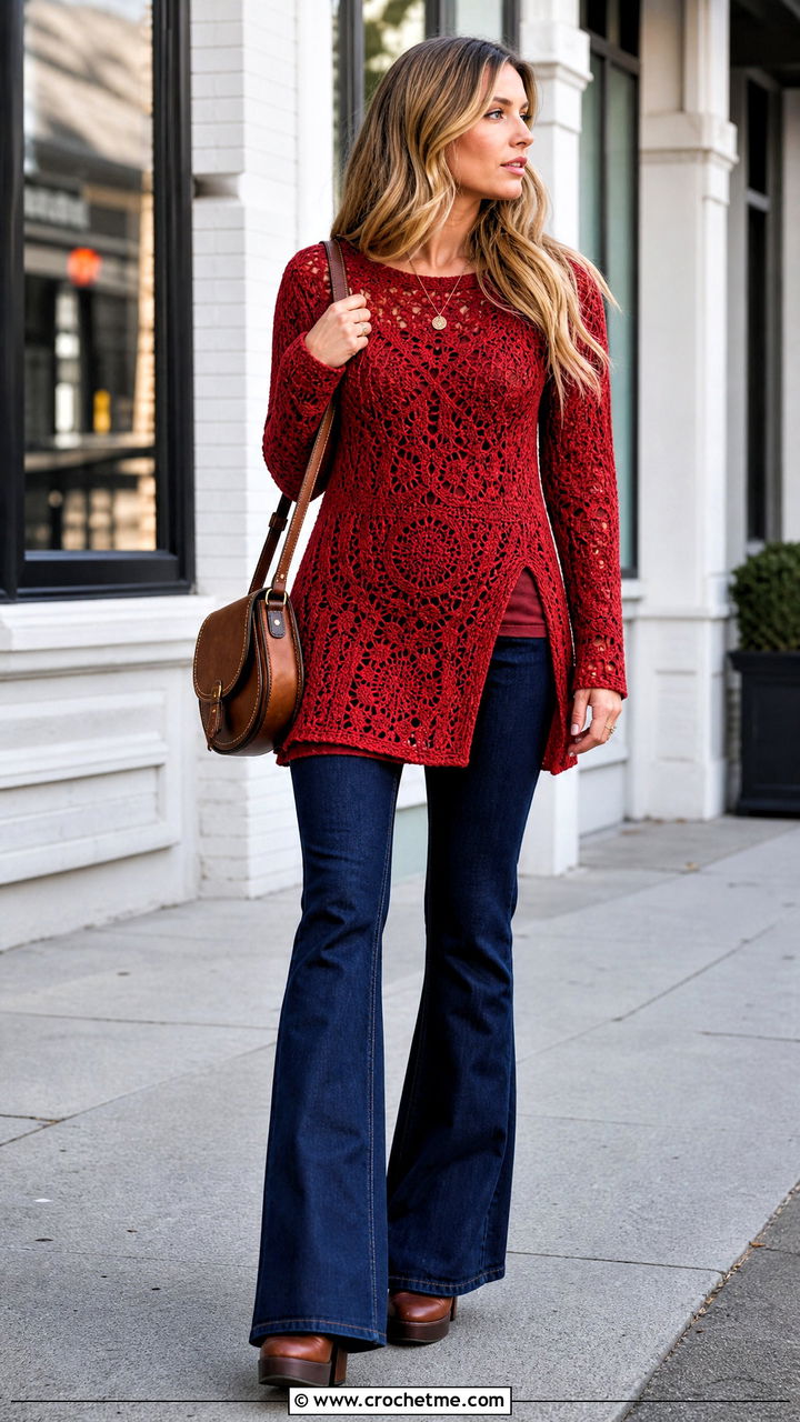 Crochet Lace Tunic Sweater With Flared Jeans - 35 crochet lace sweater outfit ideas