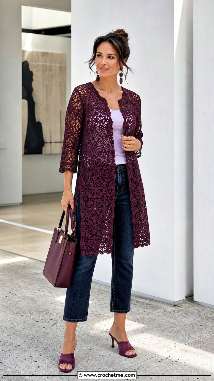 Crochet Lace Tunic Top With Cropped Jeans - 35 easy crochet summer tops outfit ideas
