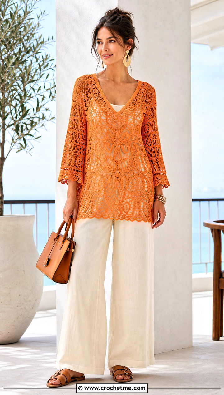 Crochet Lace Tunic With Wide Leg Pants - 25 crochet lace cover up outfit ideas