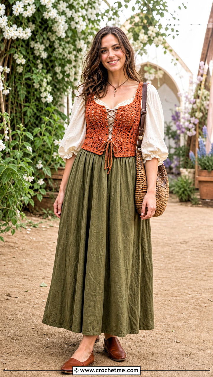 Crochet Lace Up Bodice With Linen Maxi Skirt - 25 Fantasy Crochet Clothing and outfit ideas
