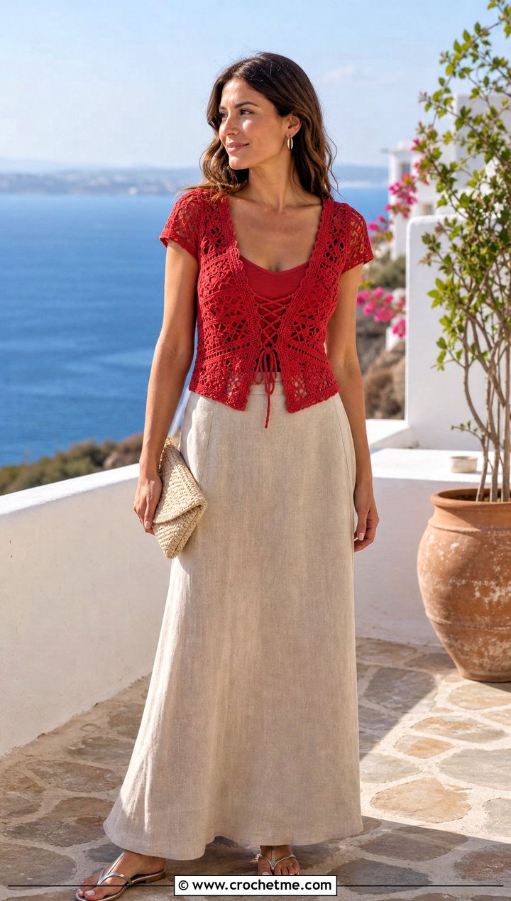 Crochet Lace Up Top With Linen Maxi Skirt - 35 cute crochet tops summer outfits ideas
