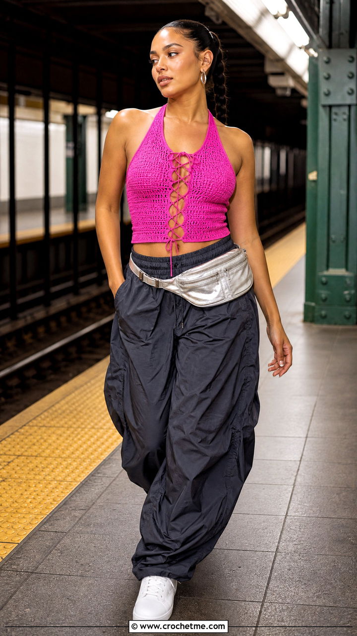 Crochet Lace Up Top With Parachute Pants - 35 crochet fitted top outfit ideas
