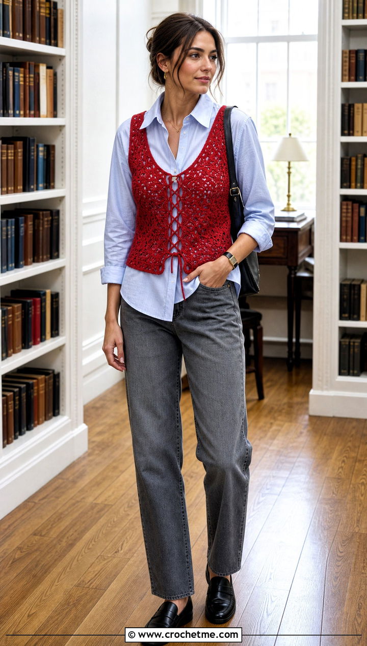 Crochet Lace Up Vest Top With Button Down Shirt - 30 crochet lace up top outfit ideas