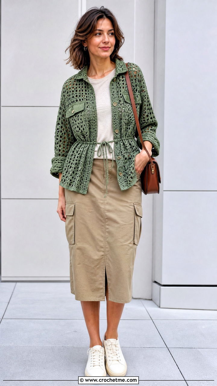Crochet Lace Utility Jacket With Cargo Skirt - 35 crochet lace jacket outfit ideas