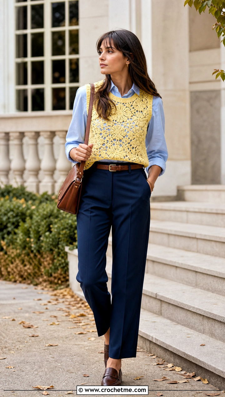 Crochet Lace Vest Top With Poplin Shirt - 35 lacy crochet top outfit ideas