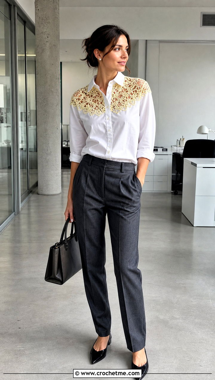 Crochet Lace Yoke Upcycled Button Down With Tailored Trousers - 20 Upcycle Shirt With Crochet outfit ideas