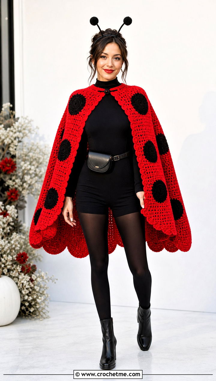 Crochet Ladybug Cape With Black Romper - 35 Crochet Halloween Costume Women outfit ideas