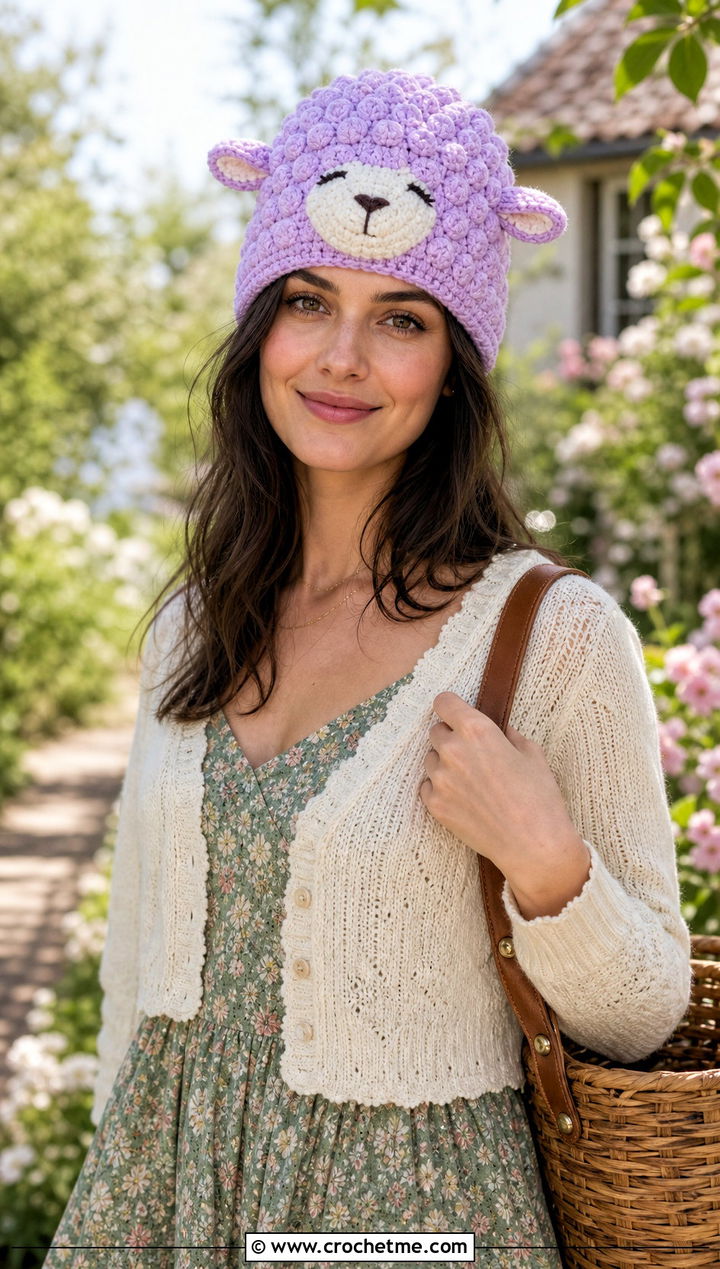 Crochet Lamb Amigurumi Hat With Cottagecore Dress - 30 crochet amigurumi hat outfit ideas