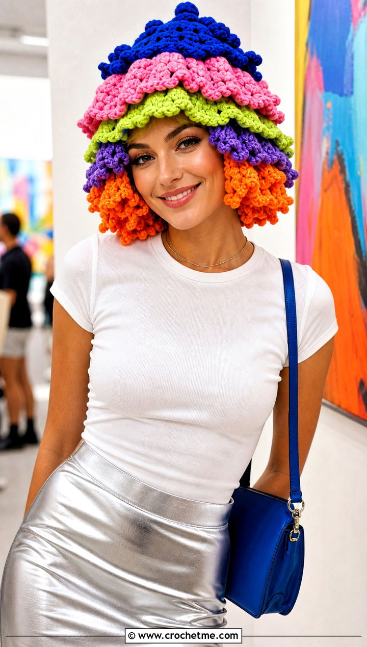 Crochet Layered Rainbow Wig Hat With Metallic Skirt And T Shirt - 20 Crochet Wig Hat outfit ideas