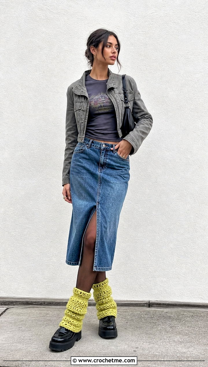 Crochet Leg Warmers With Denim Skirt - 35 Crochet Grunge Clothes and outfit ideas