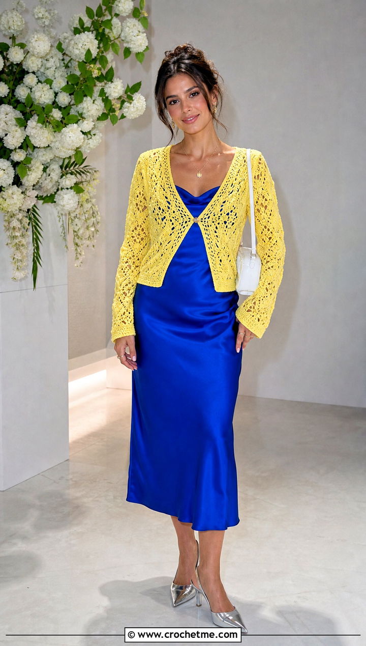 Crochet Lemon Cardigan Sweater With Slip Dress - 25 Crochet Lemon Sweater outfit ideas