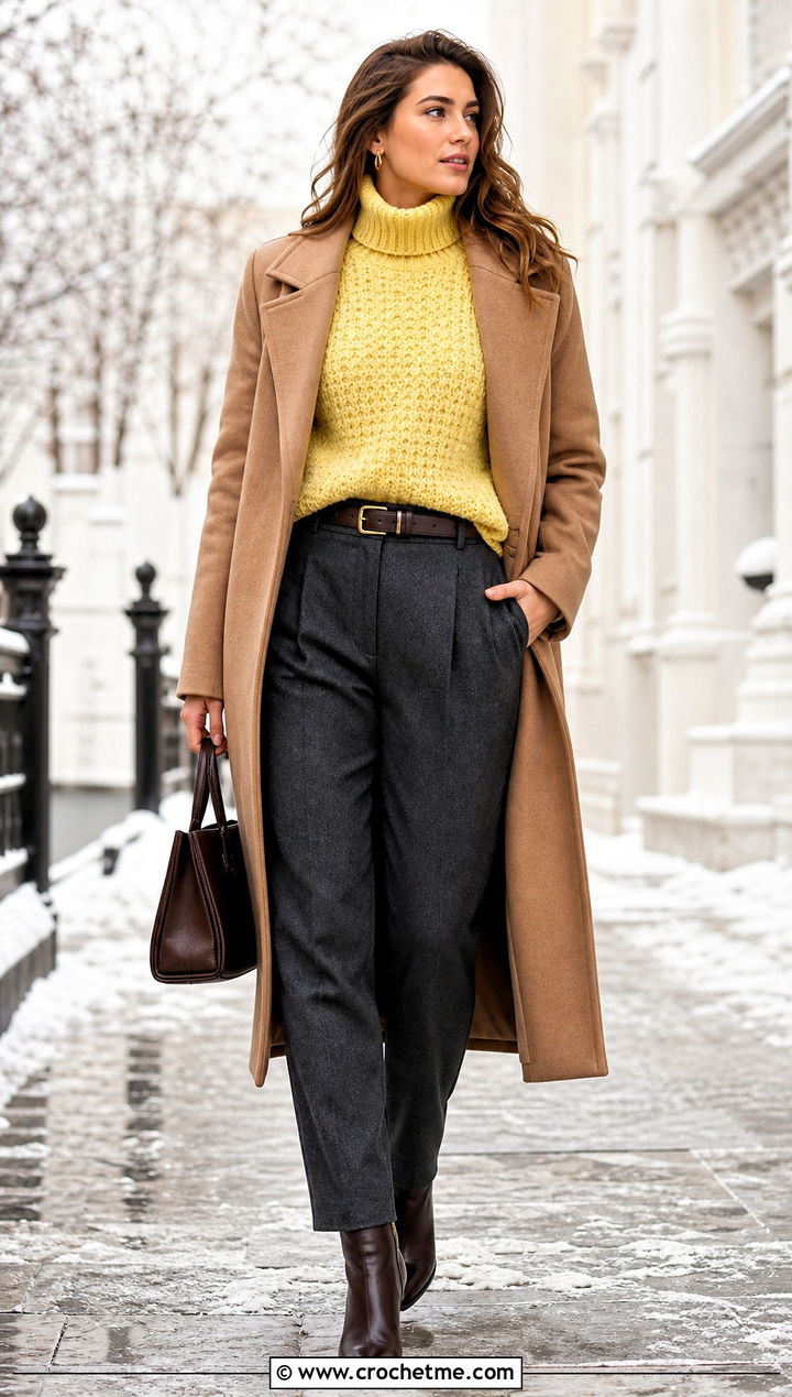 Crochet Lemon Turtleneck Sweater With Wool Trousers - 25 Crochet Lemon Sweater outfit ideas