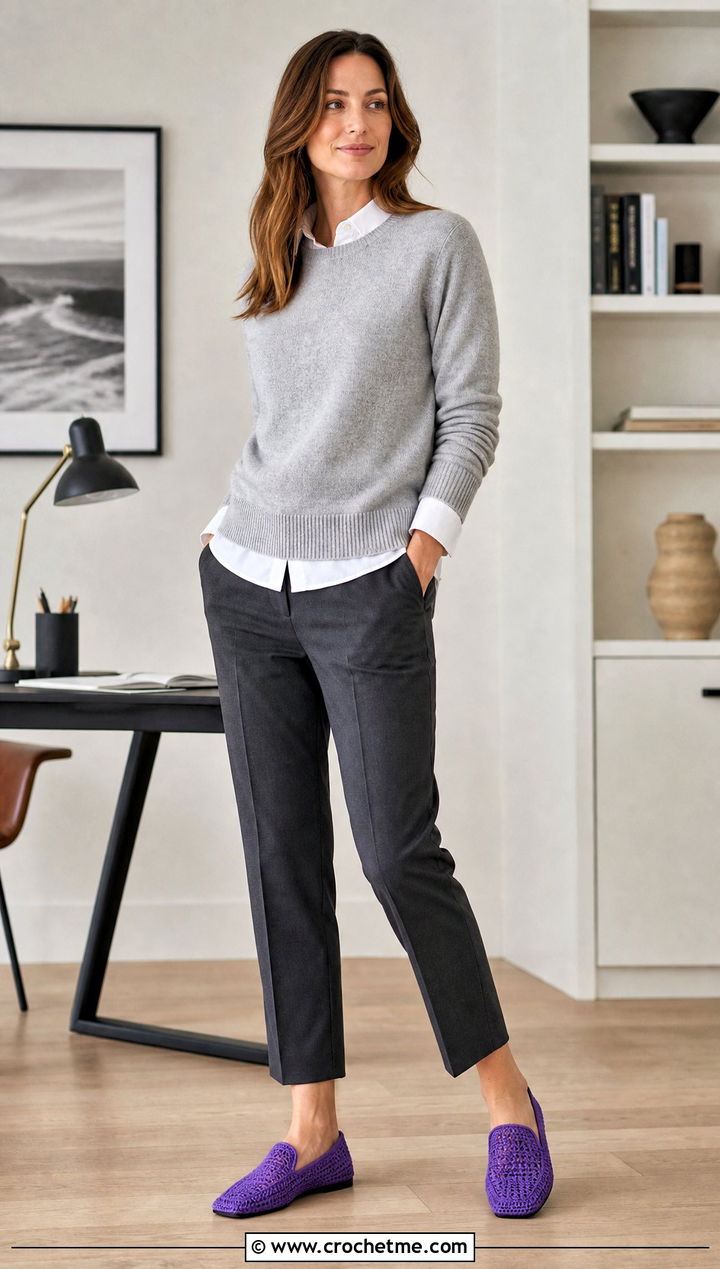 Crochet Loafer Slippers With Tailored Trousers - 25 simple crochet slippers outfit ideas