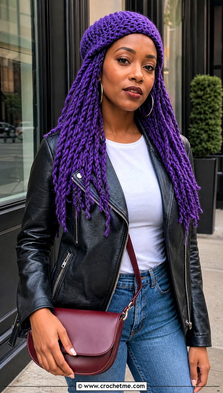 Crochet Loc Wig Hat With Leather Jacket And Straight Jeans - 20 Crochet Wig Hat outfit ideas