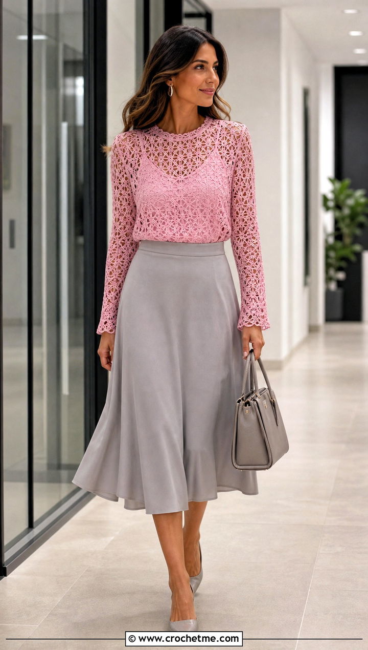 Crochet Long Sleeve Blouse With A Line Midi Skirt - 20 Crochet Clothes For Work outfit ideas