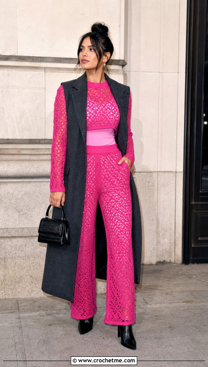 Crochet Long Sleeve Crop Top And High Waist Pants Set - 30 crochet pants set outfit ideas
