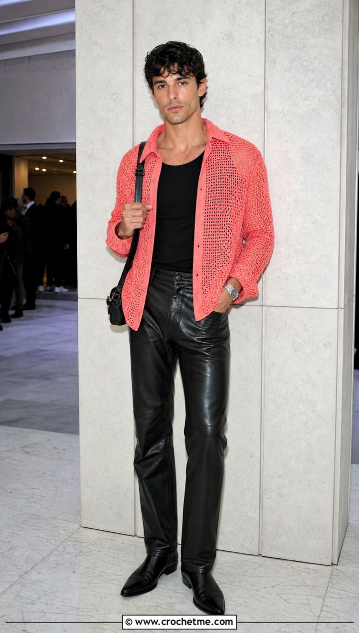 Crochet Long Sleeve Shirt With Leather Pants - 25 crochet men's clothes and outfit ideas