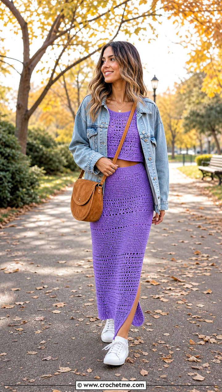 Crochet Long Sleeve Top And Maxi Skirt Set With Denim Jacket - 15 Autumn Crochet Clothing Set outfit ideas