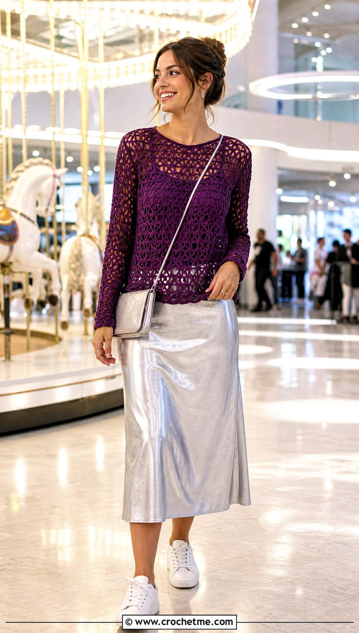 Crochet Long Sleeve Top Carnival Outfit With Metallic Skirt - 30 crochet carnival outfit ideas