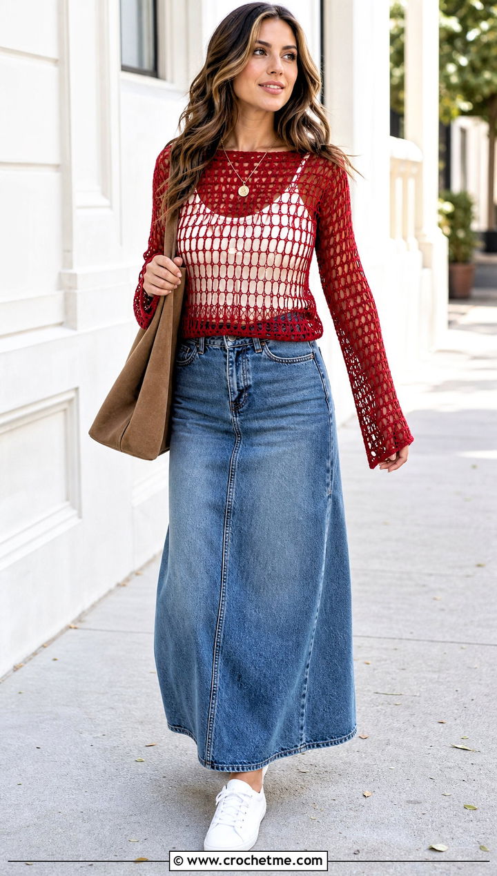 Crochet Long Sleeve Top With A Line Denim Maxi Skirt - 30 crochet top and long skirt outfit ideas