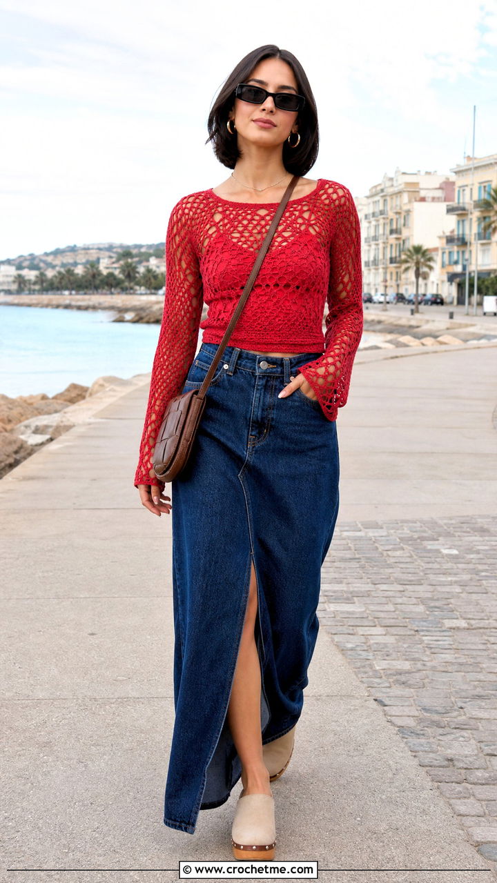 Crochet Long Sleeve Top With Denim Maxi Skirt - 35 crochet vacation outfit ideas