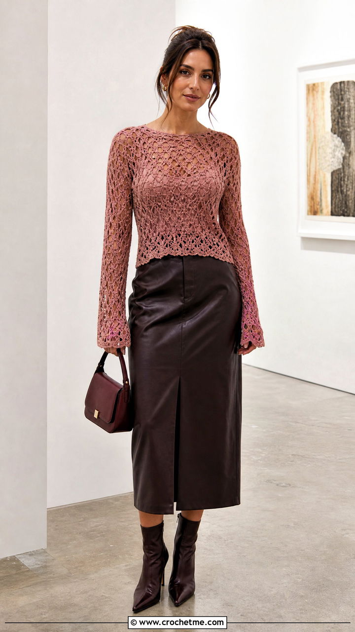 Crochet Long Sleeve Top With Leather Skirt - 35 crochet clothes and accessories outfit ideas