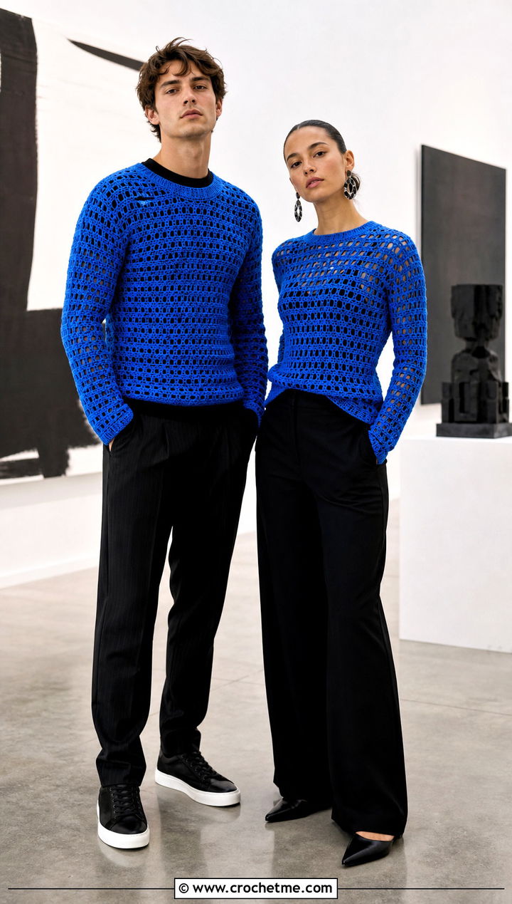 Crochet Long Sleeve Tops With Monochrome Trousers - 30 couples crochet outfit ideas